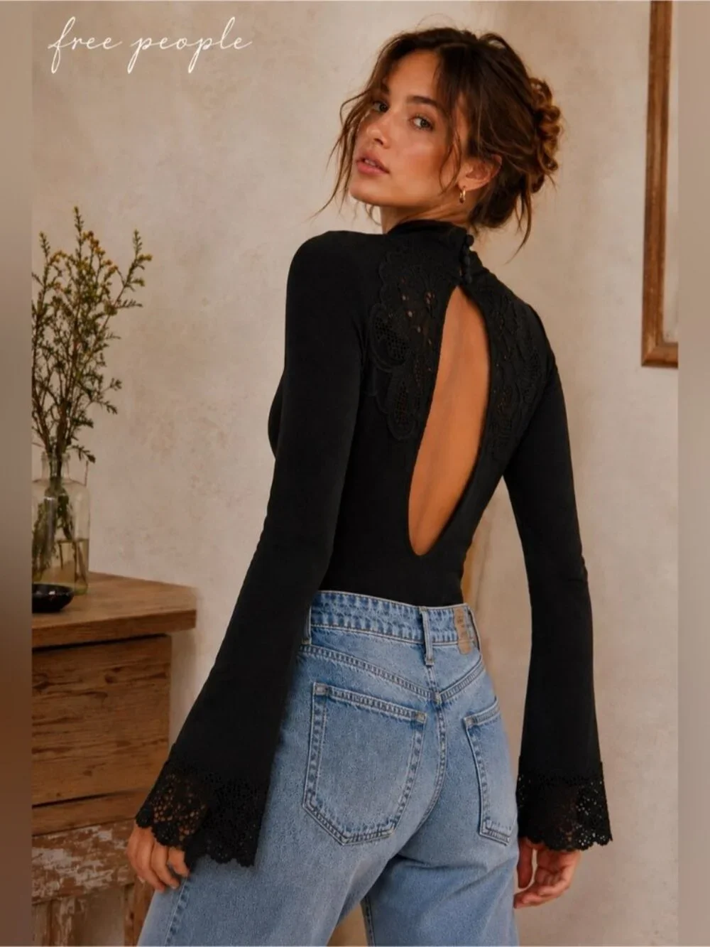 Free People Black Ribbed Mock Neck Open Back Lace Trim Bodysuit Large